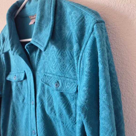 Eddie Bauer Womens L Teal Fleece Button-Up Shirt Sweater Paisley Pattern - Picture 3 of 9